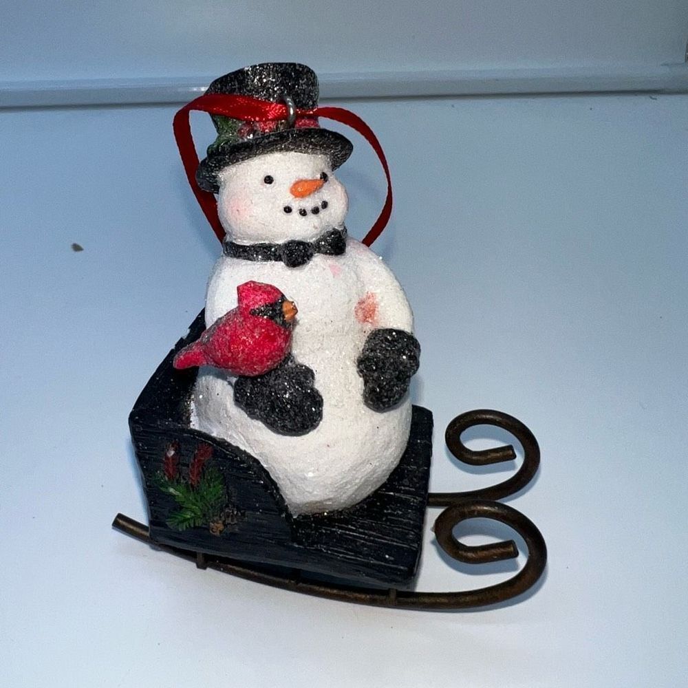 Vintage Glitter Snowman In Sleigh Christmas Ornament